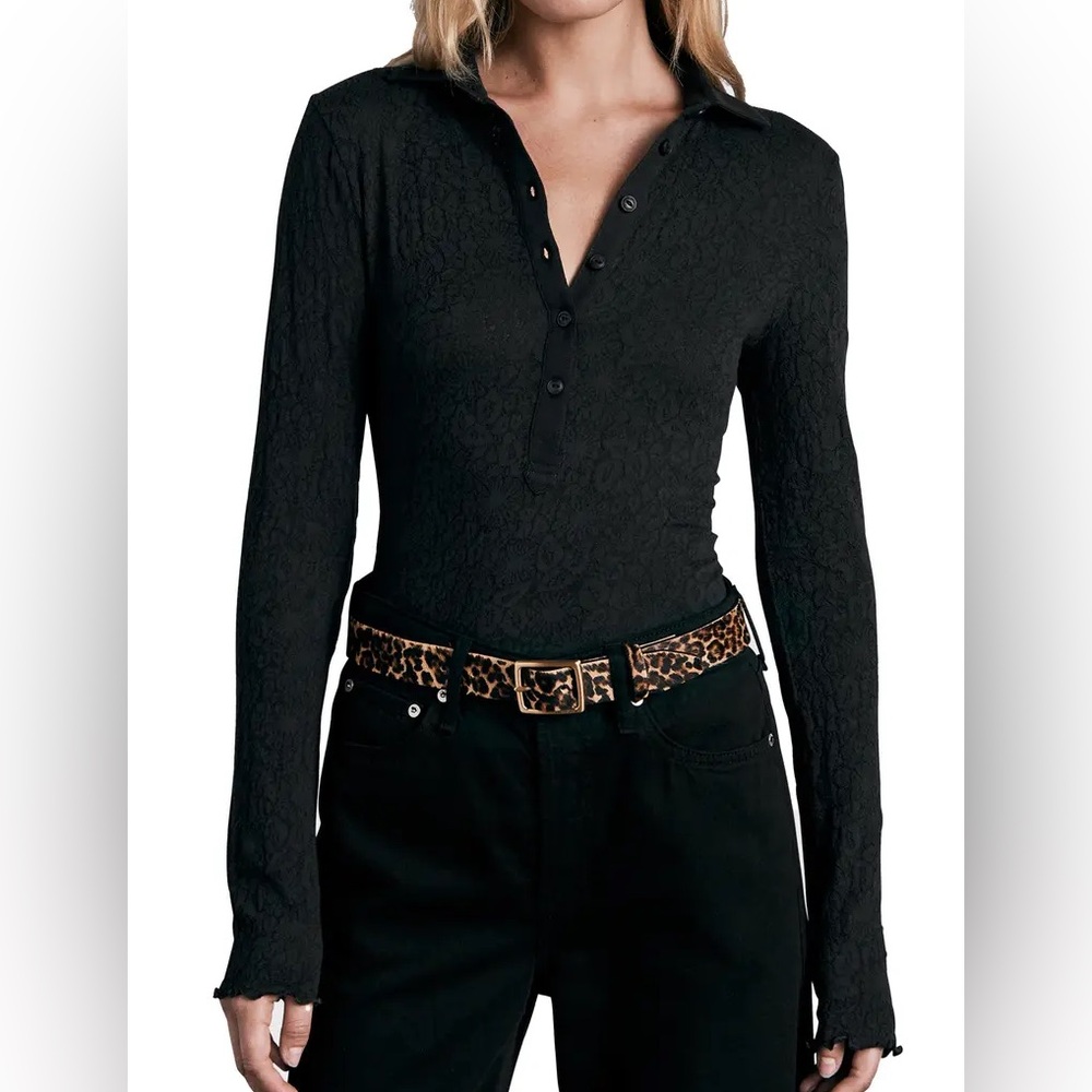 Rag and Bone Gemma Floral Jacquard Polo in Black. Size L